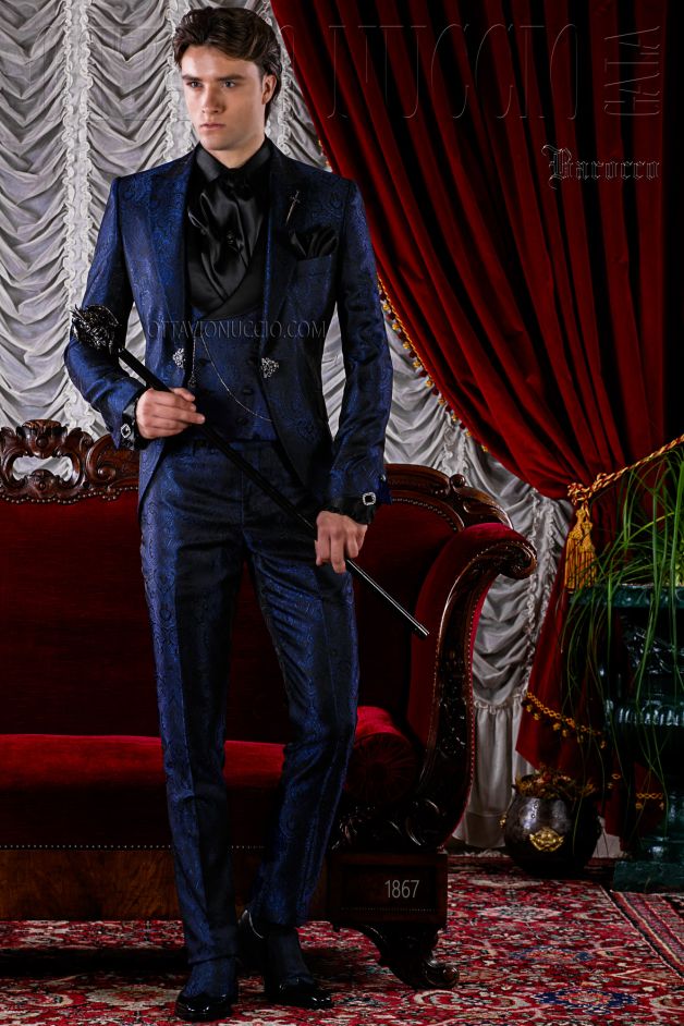 ONGala 1867 - Traje de novio gótico azul de jacquard