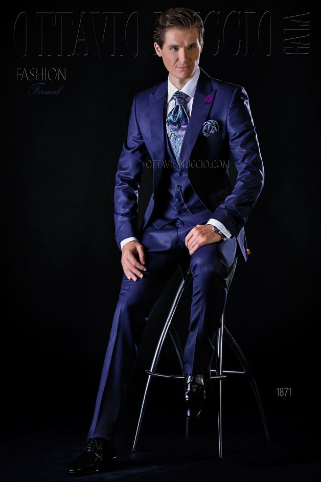 ONGala 1871 - Traje de novio slim azul de pura lana tasmania