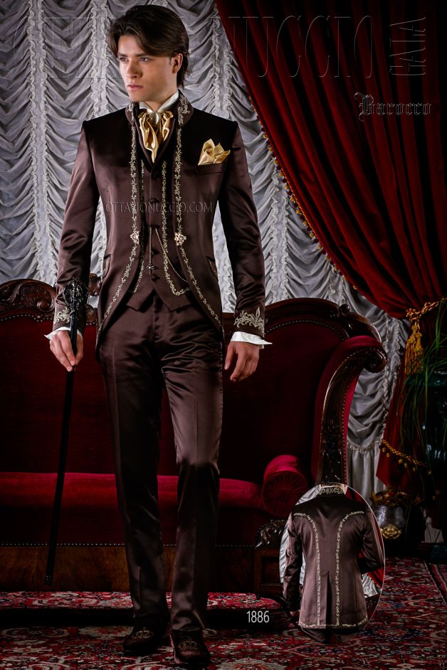 ONGala 1886 - Traje de novio redingote barroco marrón con bordado oro