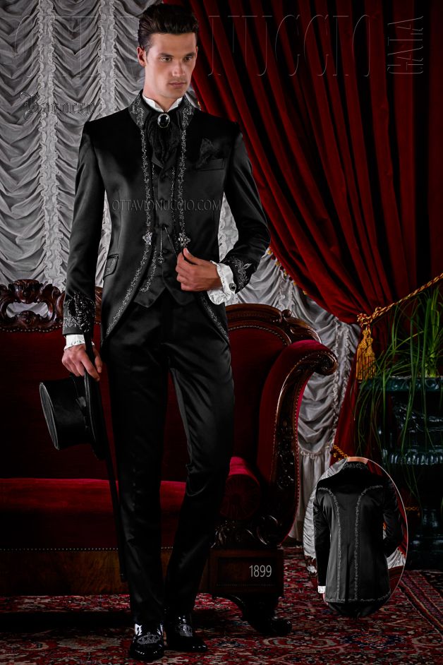 ONGala 1899 - Traje de novio gótico coreana negra con bordado plata