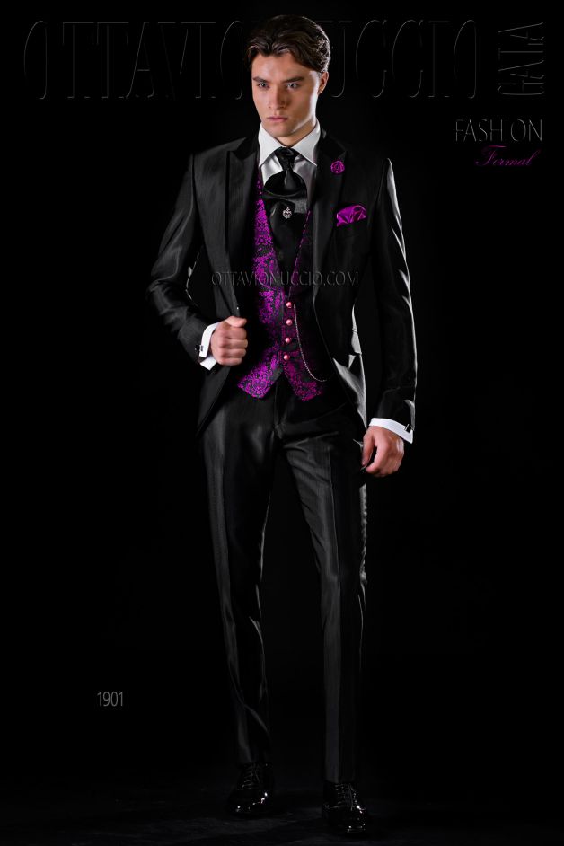 ONGala 1901 - Traje de novio slim negro con vivos de raso