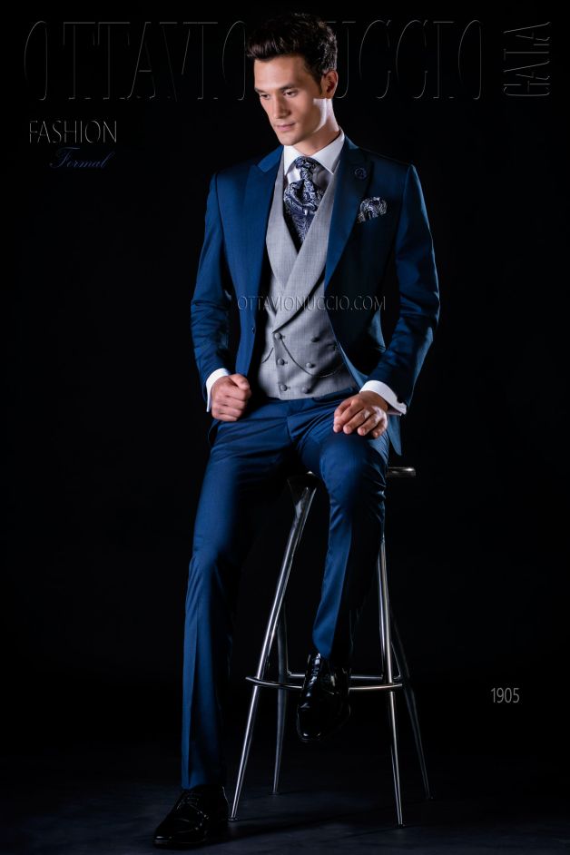 ONGala 1905 - Traje de novio slim azul son solapa pico