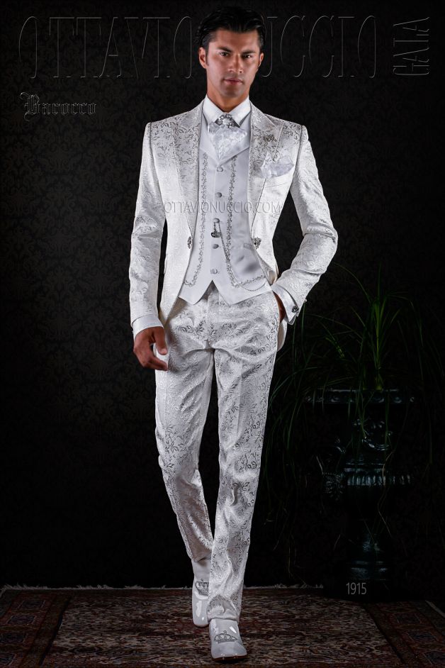 ONGala 1915 - Traje de novio barroco brocado blanco con strass cristal