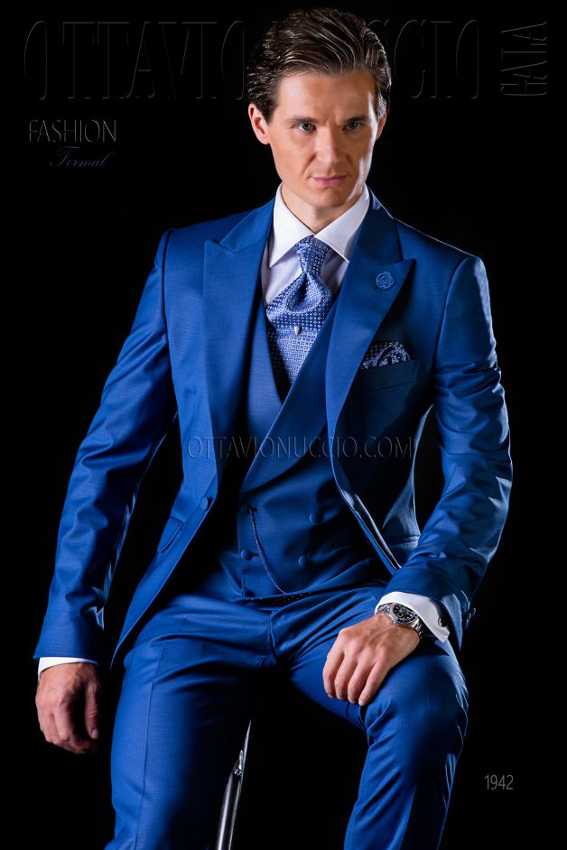 ONGala 1942 - Traje de novio semilevita azul royal fresco mixto lana
