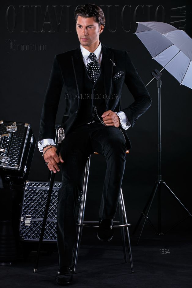 ONGala 1954 - Traje moderno slim negro de terciopelo