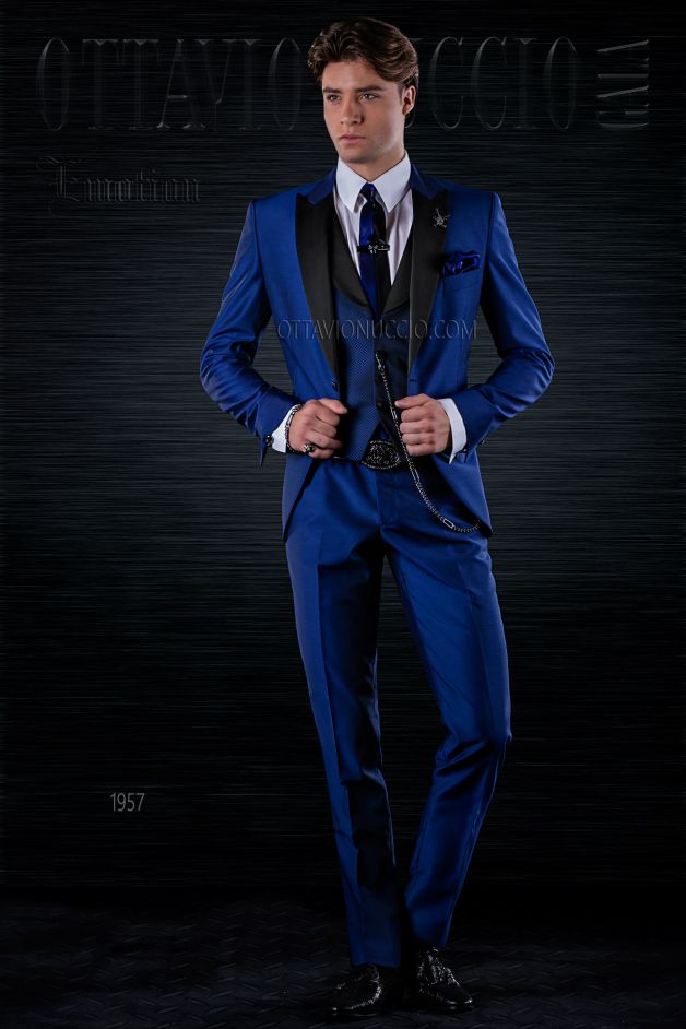 ONGala 1957 - Traje de novio moderno slim azul eléctrico