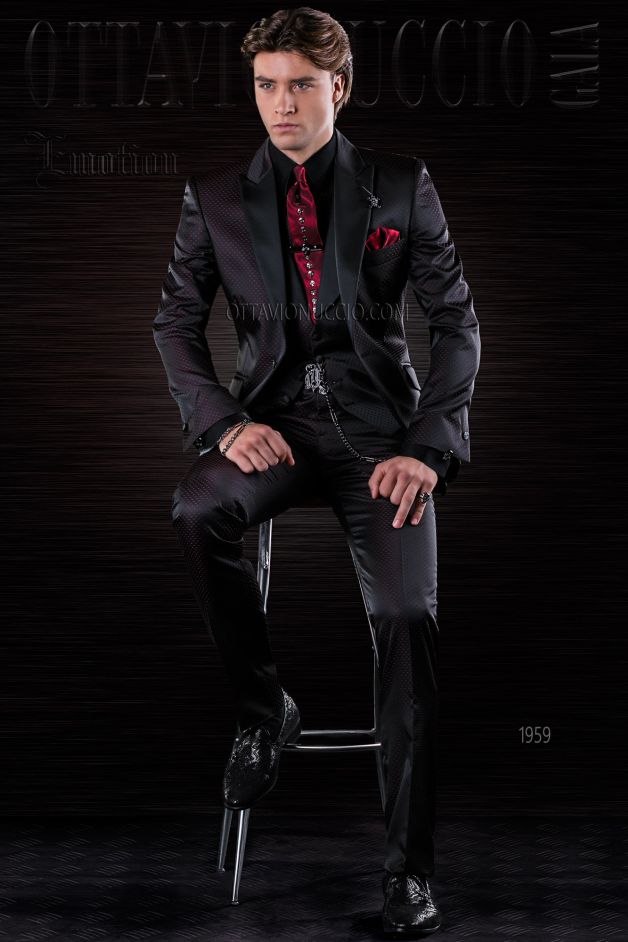 ONGala 1959 - Traje moderno slim negro microdiseño rojo