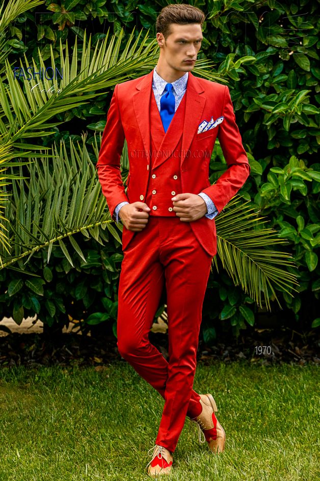 ONGala 1970 - Traje moderno slim rojo de algodón