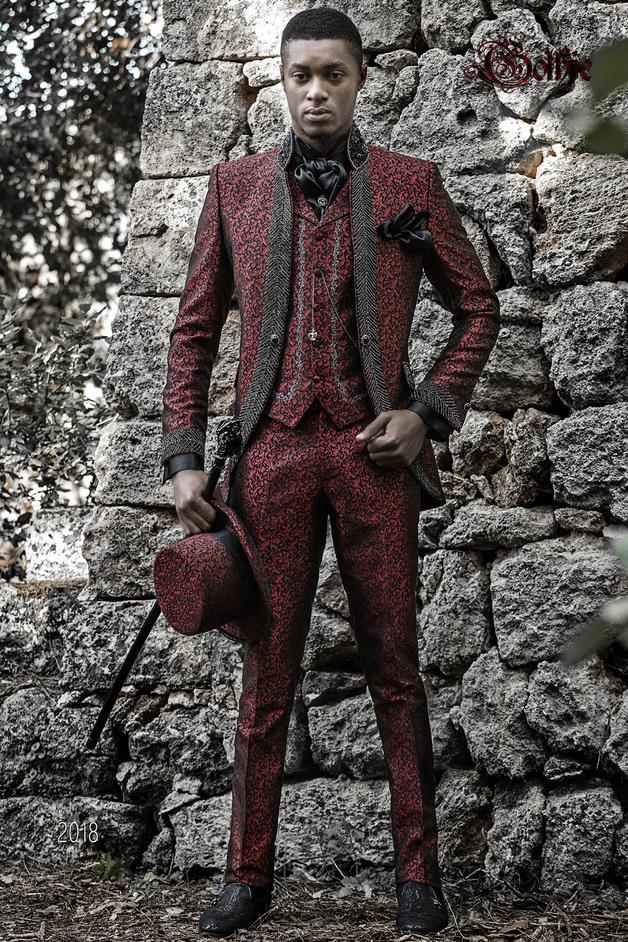 ONGala 2018 - Traje de novio Gótico brocado rojo con cuello Mao con pedrería negra