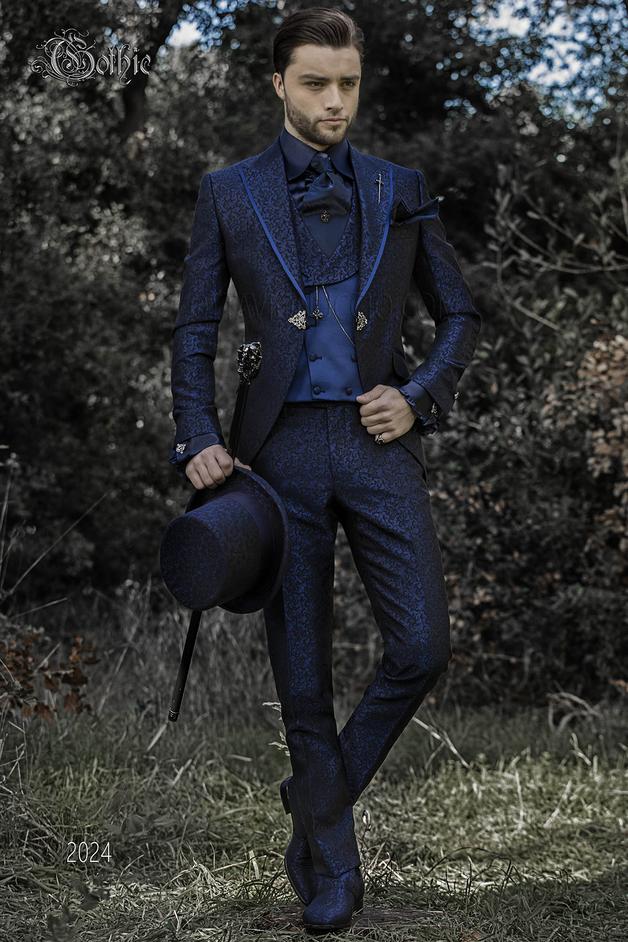 ONGala 2024 - Traje de novio italiano Gótico en jacquard azul con perfil de raso en las solapas