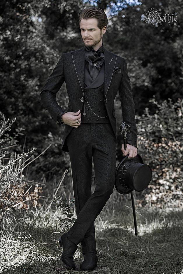 ONGala 2025 - Traje italiano Gótico de novio en tejido jacquard negro con cristales strass en las solapas