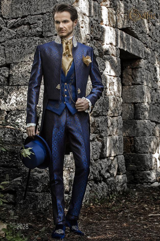 ONGala 2028 - Frac traje barroco italiano brocado azul y dorado con pedrería cristal en cuello Mao