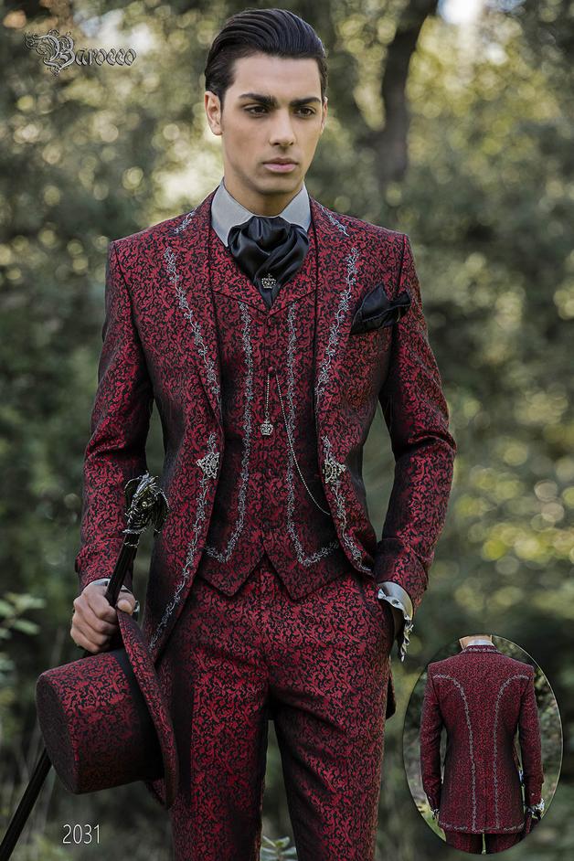 ONGala 2031 - Traje de novio barroco, levita de época en tejido jacquard rojo con bordados plateados 