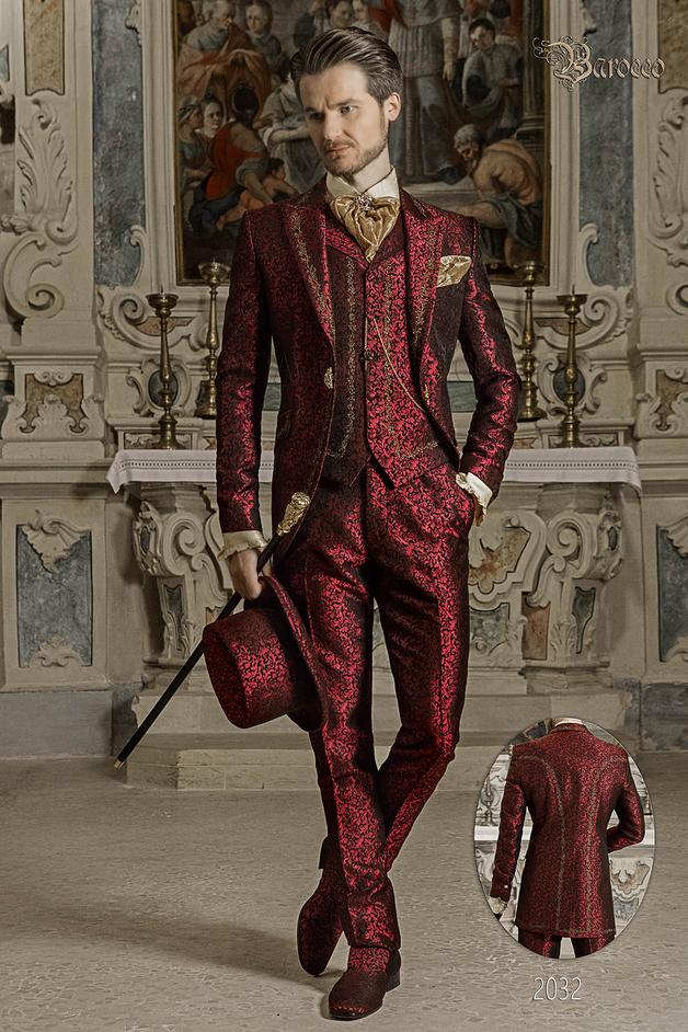 ONGala 2032 - Traje de novio barroco, levita de época en tejido jacquard rojo con bordados dorados