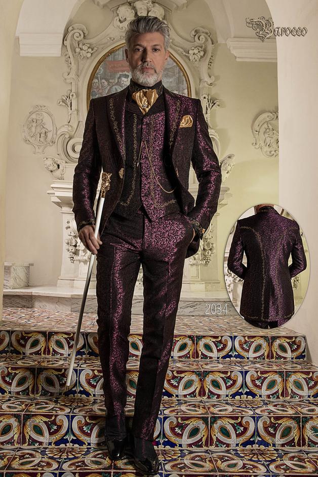 ONGala 2034 - Traje de novio barroco italianos, tejido jacquard púrpura con bordados dorados 