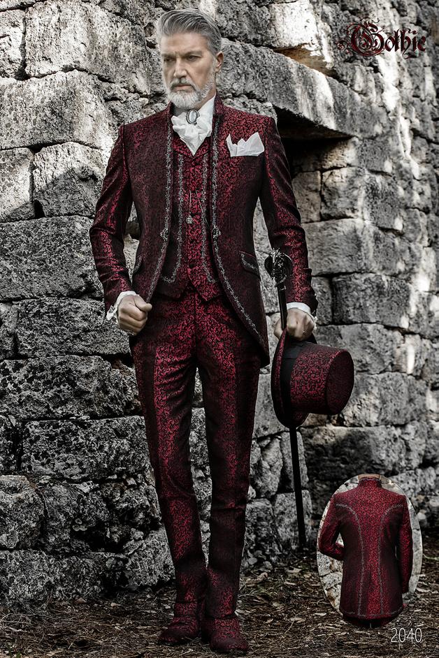 ONGala 2040 - Traje de novio italiano Gótico , cuello mao en tejido jacquard rojo con bordados plateados