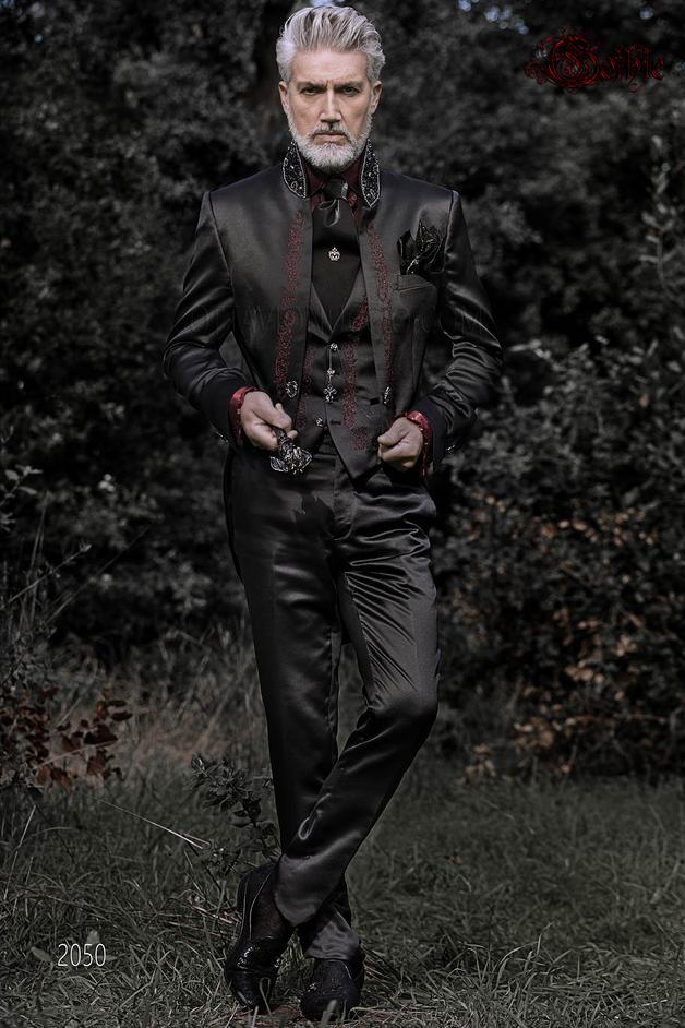 ONGala 2050 - Frac de novio estilo cuello mao, satén negro con bordados rojos y pedrería cristal en cuello