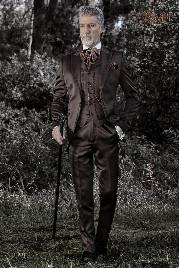 ONGala 2059 - Levita redingote de novio Gótico en raso marrón con bordados bronce