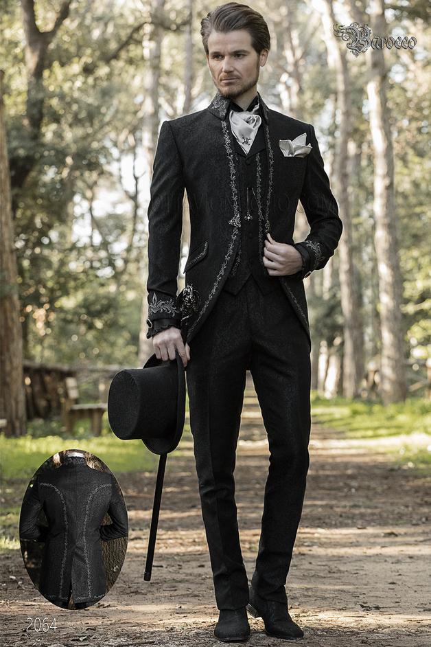 ONGala 2064 - Levita de época barroco Gótico jacquard negro con bordados plateados, cuello Napoleón