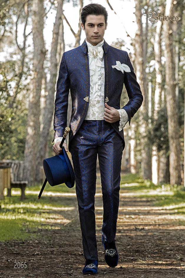 ONGala 2065 - Traje italiano de novio barroco, tejido brocado azul-oro con bordados dorados