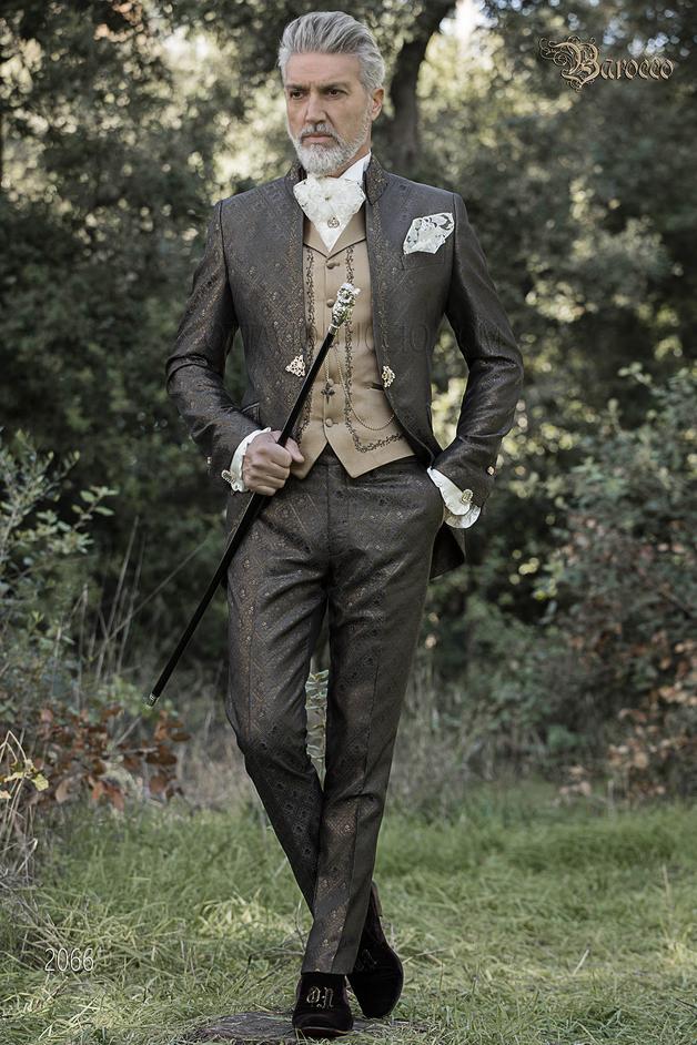 ONGala 2066 - Traje de novio italiano barroco, tejido brocado gris-oro con bordados dorados