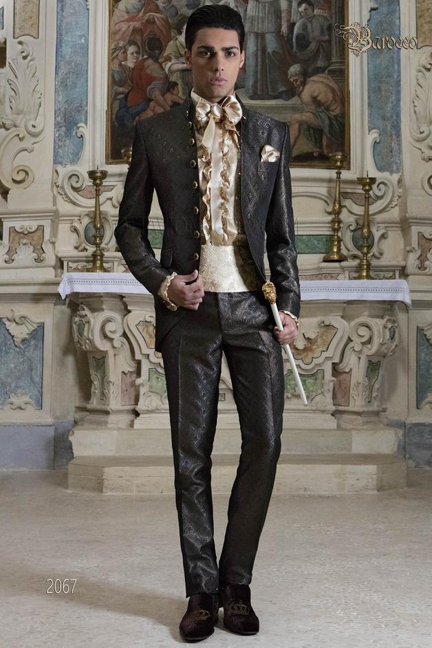 ONGala 2067 - Traje de novio cuello Napoleón barroco brocado gris-oro con botones dorados