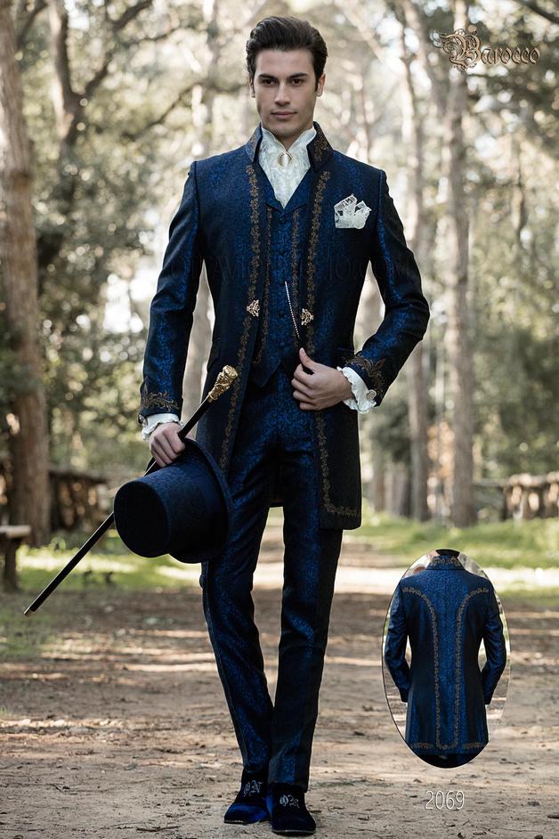 ONGala 2069 - Levita de época cuello Napoleón estilo barroco de novio, brocado azul con bordados dorados