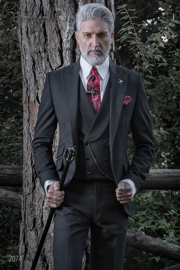 ONGala 2074 - Black italian groom suit in wool blend with ticket pocket
