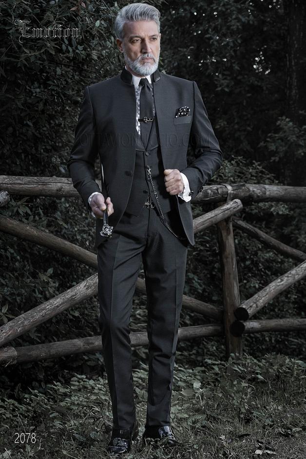 ONGala 2078 - Black mandarin collar italian hipster suit in blend wool