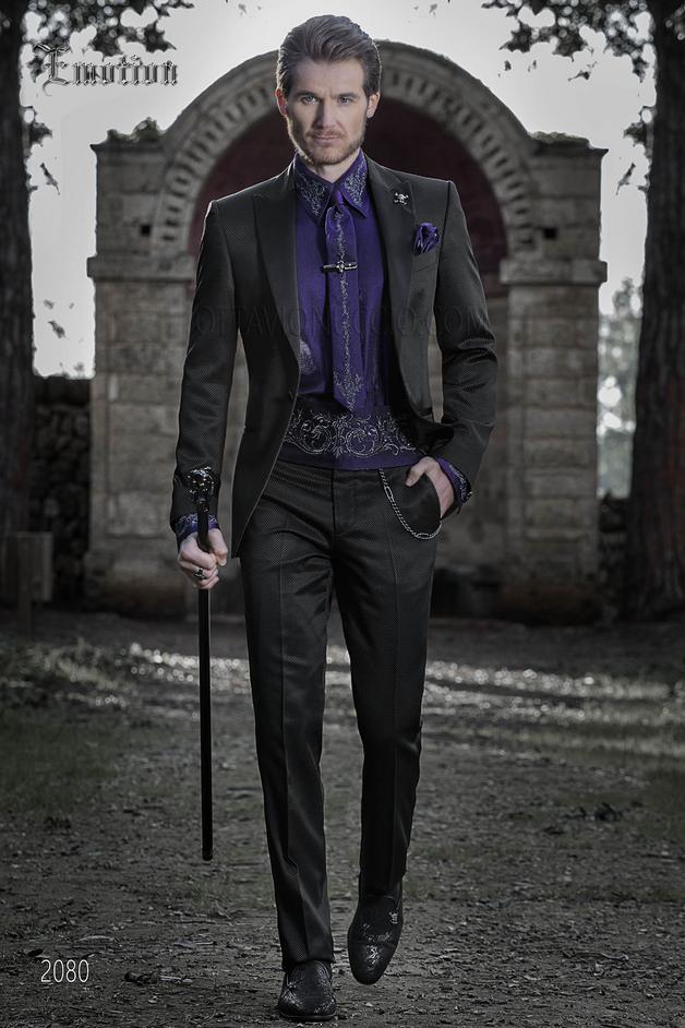 ONGala 2080 - Black italian bespoke wedding groom suit with purple shirt