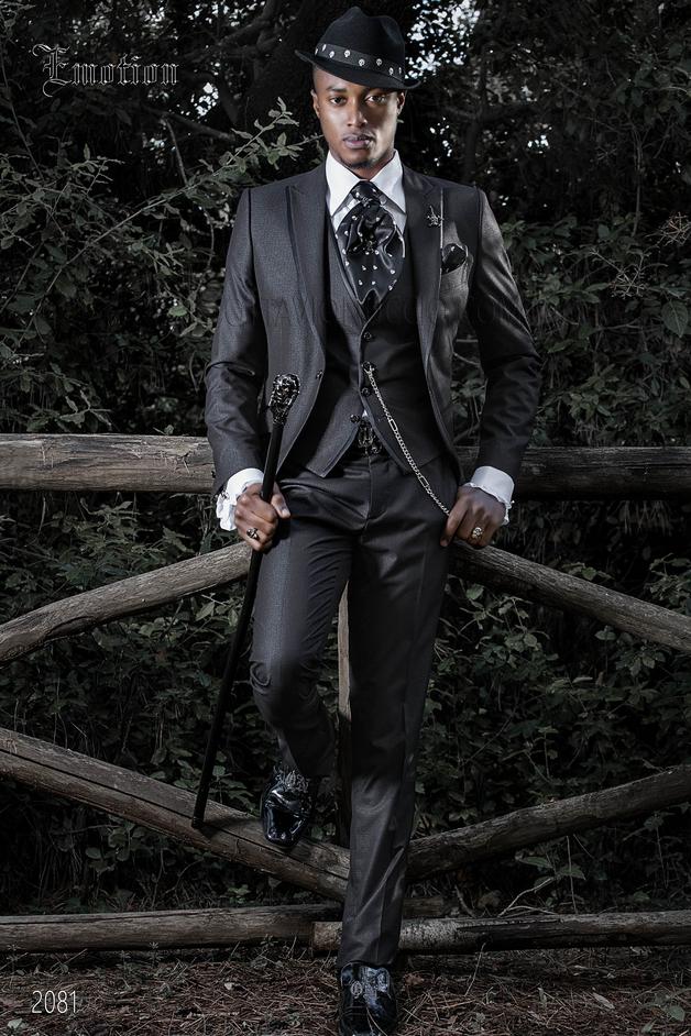 ONGala 2081 - Dark italian wedding suit in black fabric with peak lapel