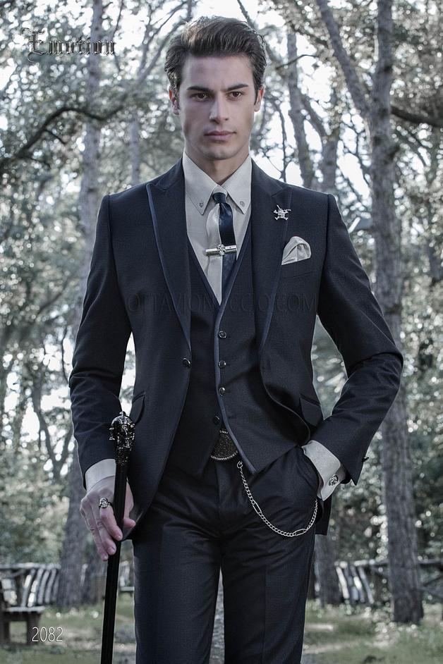 ONGala 2082 - Blue dark italian bespoke suit for groom in weave fabric
