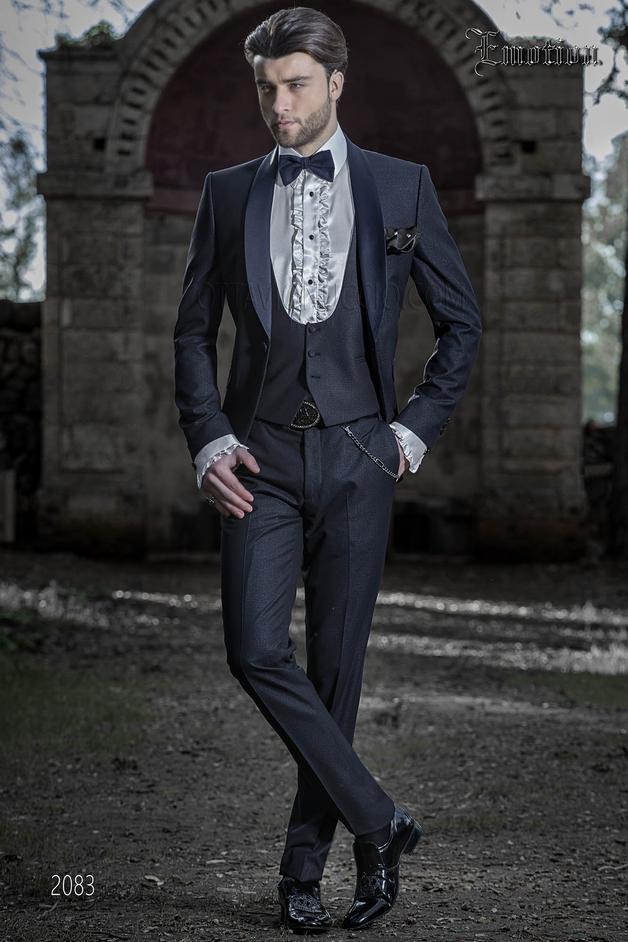ONGala 2083 - Blue dark italian wedding suit in weave fabric with shawl collar