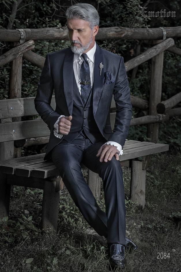 ONGala 2084 - Blue italian bespoke wedding groom suit with satin shawl collar