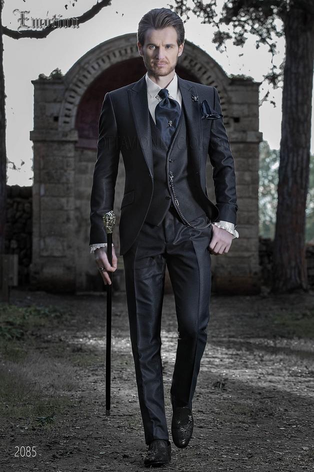 ONGala 2085 - Midnight blue italian groom suit with satin profile on lapel