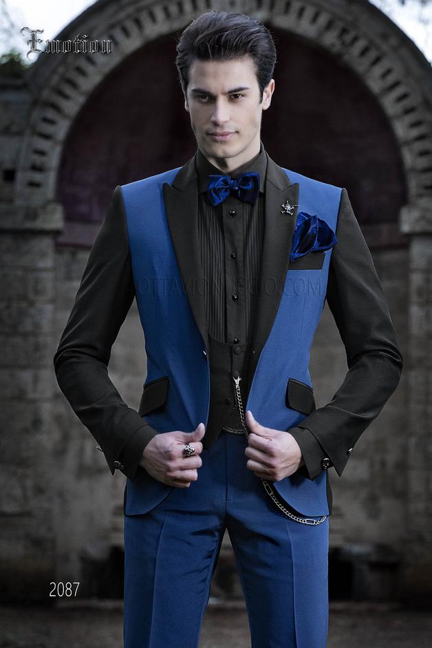 ONGala 2087 - Blue and black patchwork men groom suit with peak lapel
