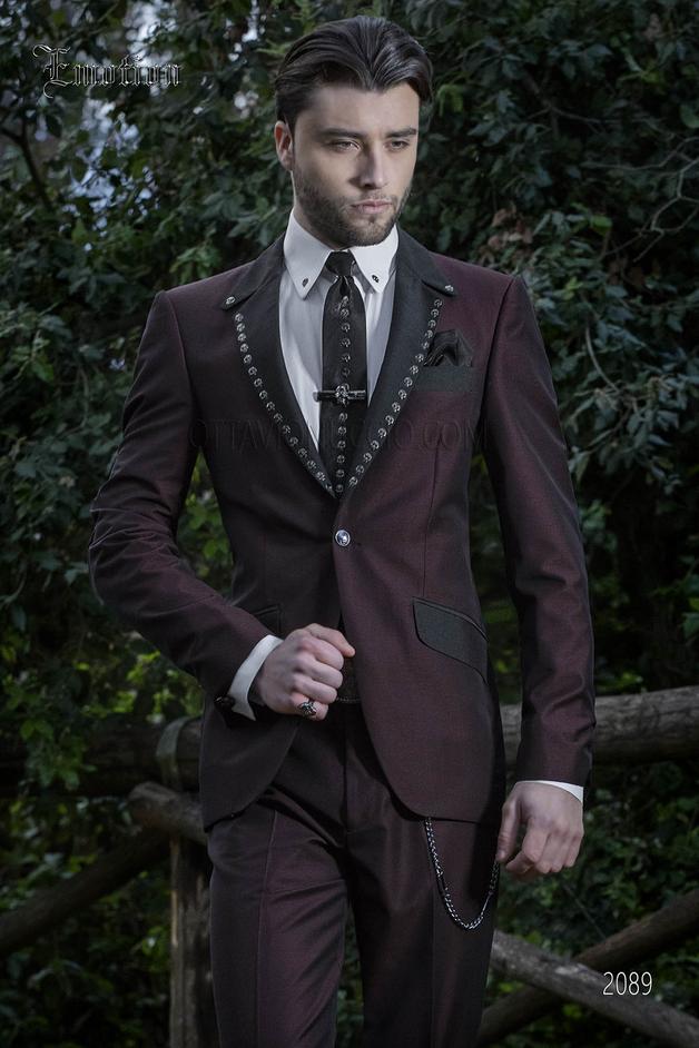 ONGala 2089 - Italian steampunk burgundy suit for men with metal application on lapel
