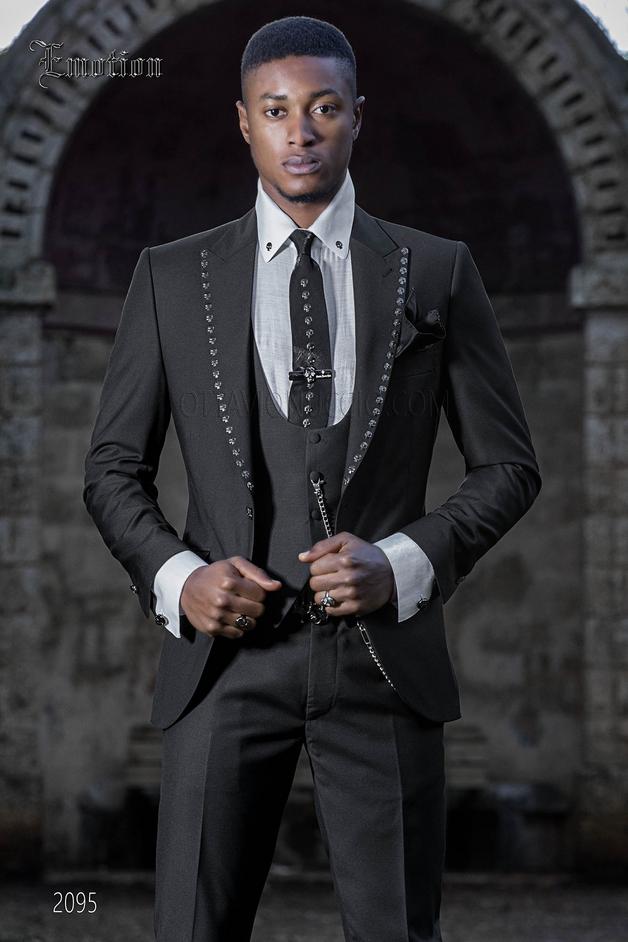 ONGala 2095 - Italian black suit in hipster style with applications on lapel