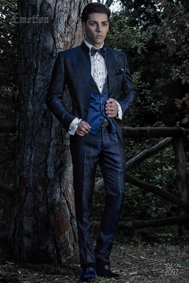 ONGala 2097 - Italian blue brocade wedding groom suit with mandarin collar