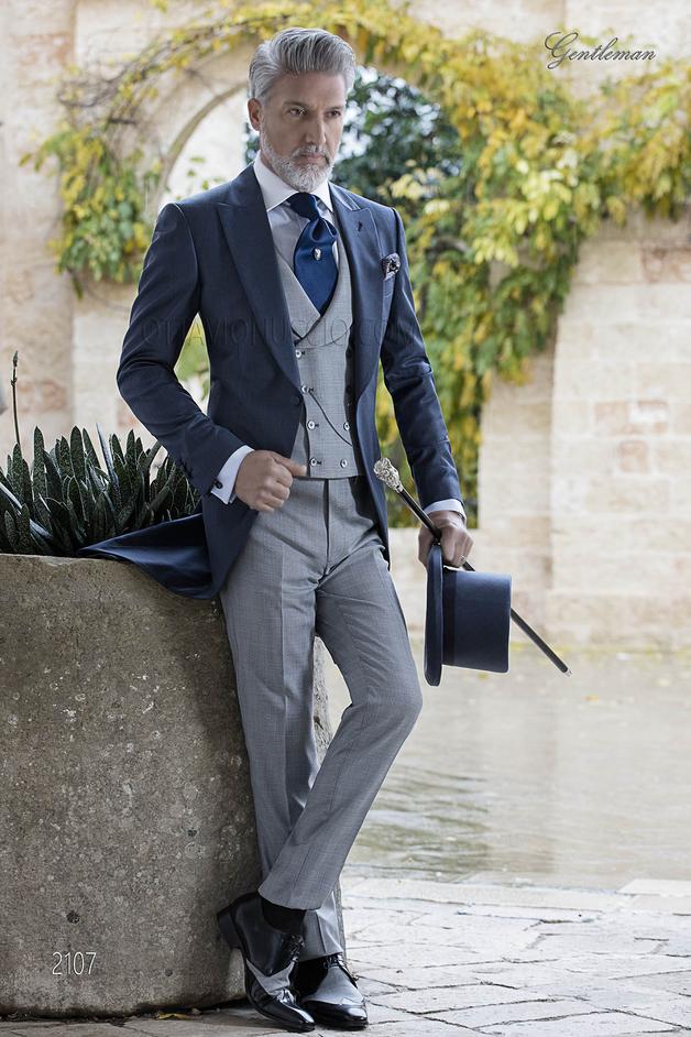 ONGala 2107 - Chaqué vintage azul con chaleco y pantalón príncipe de gales