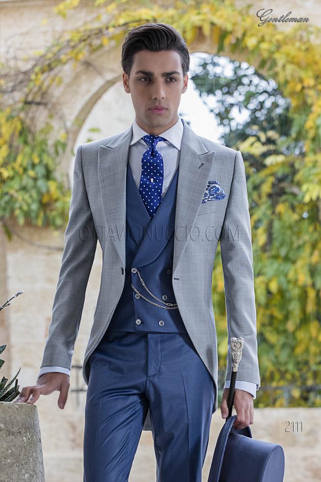 ONGala 2111 - Chaqué vintage príncipe de gales con pantalón y chaleco azul 