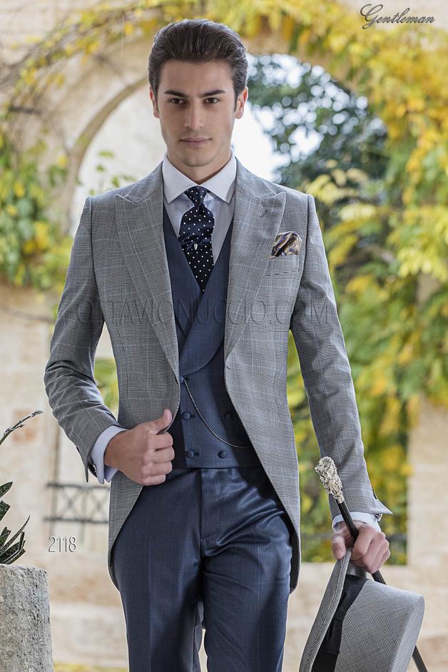 ONGala 2118 - Chaqué vintage príncipe de gales con pantalón y chaleco azul fil a fil