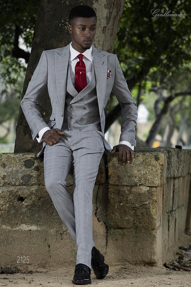 ONGala 2125 - Traje italiano gris príncipe de gales cuadro rojo