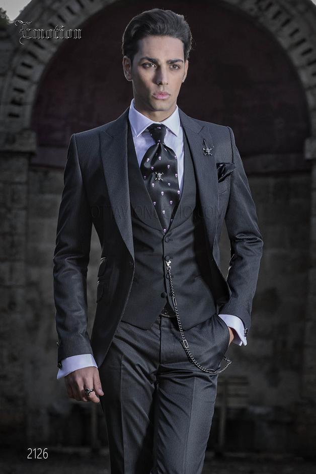 ONGala 2126 - Italian groom suit in black striped fabric | Italian hipster suit