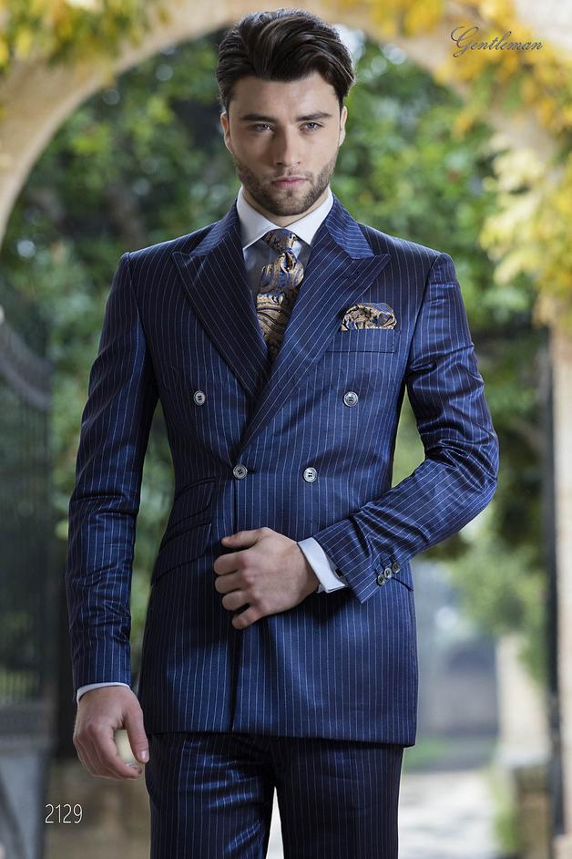ONGala 2129 - Traje cruzado vintage azul royal raya diplomática