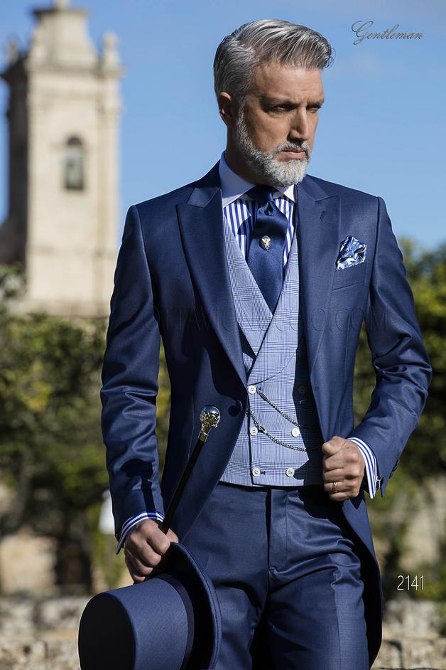 ONGala 2141 - Chaqué azul con chaleco príncipe de gales azul