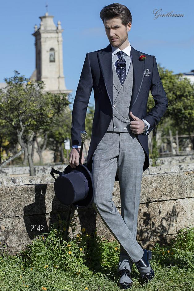 ONGala 2142 - Chaqué azul con pantalón y chaleco príncipe de gales