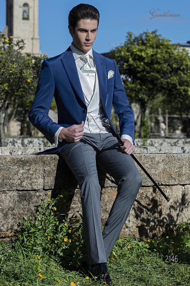 ONGala 2146 - Chaqué azul royal con pantalón gris y chaleco marfil