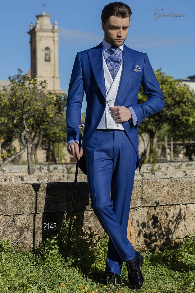 ONGala 2148 - Chaqué vintage azul royal pata de gallo