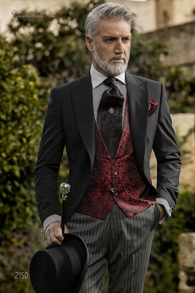 ONGala 2150 - Chaqué vintage negro con pantalón de etiqueta y chaleco de seda
